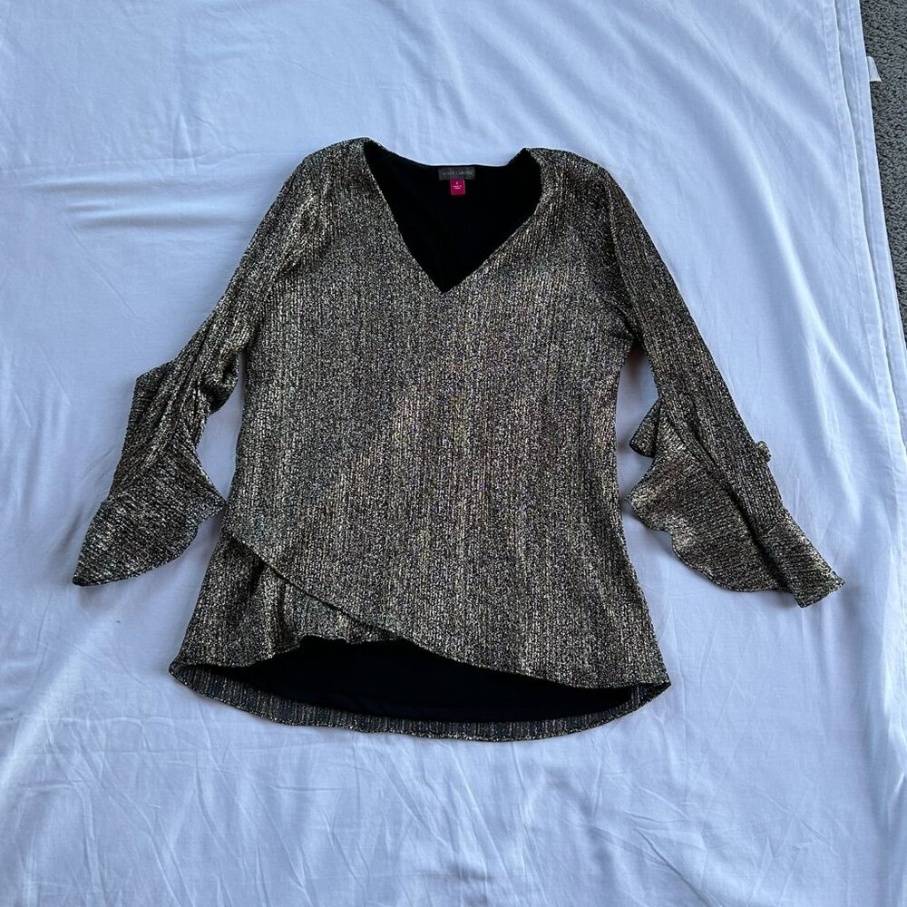 Women's Vince Camuto Black/Gold Glitter Blouse, Size S, Preppy, Party, Fun